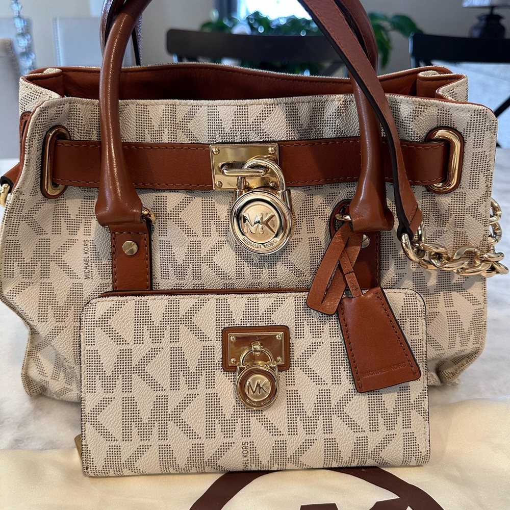 Michael Kors Brown and Cream Shoulder Bag with Signature Monogram